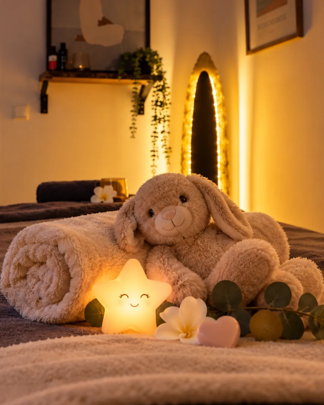Gemütlich vorbereitete Massageliege mit Kuschelhase und Sternlicht für Kinder